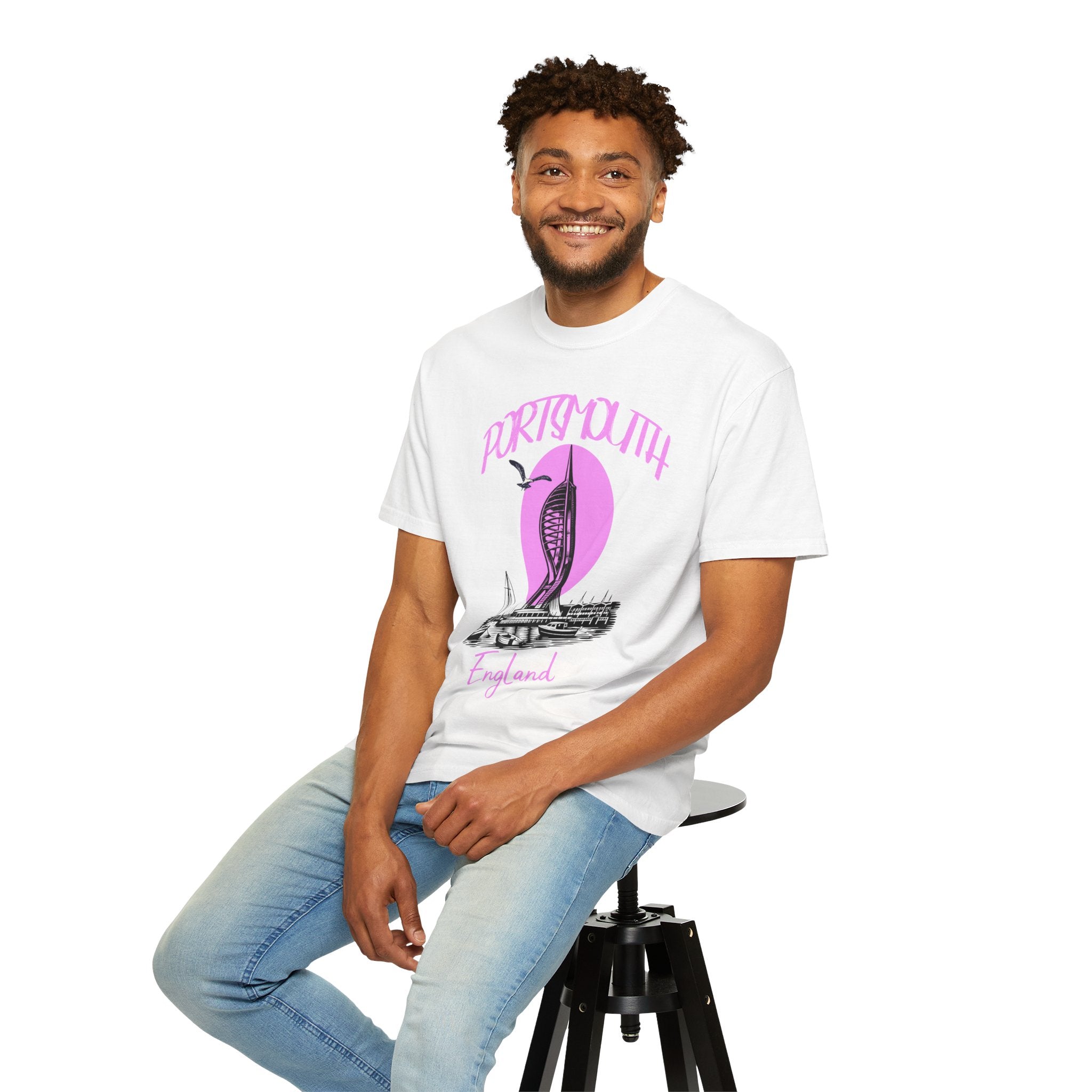 Portsmouth England Graphic T-Shirt - Vintage Seaside Landmark Pink Tee
