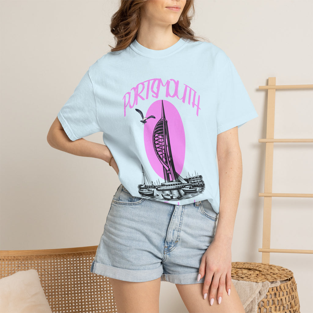 Portsmouth England Graphic T-Shirt - Vintage Seaside Landmark Pink Tee