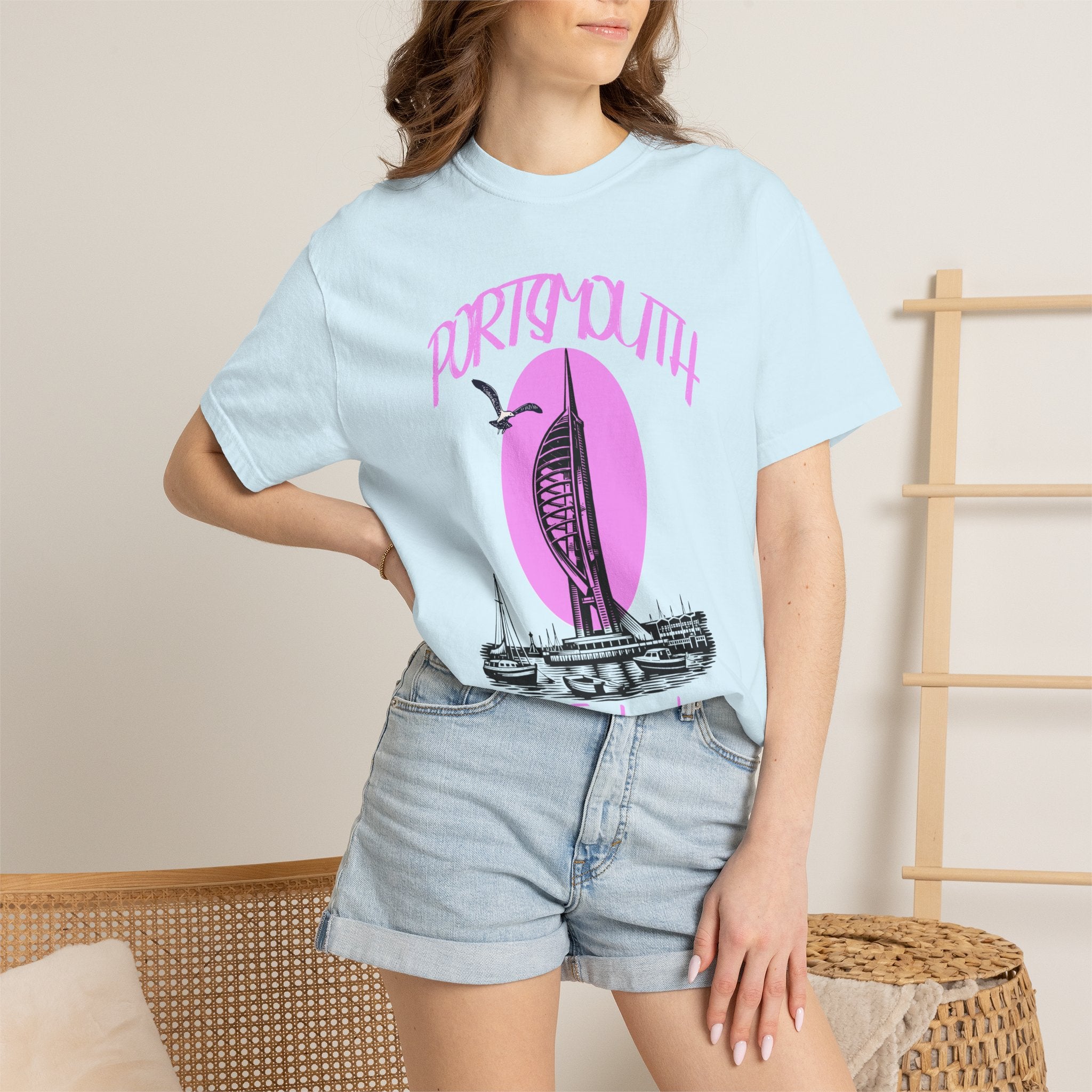Portsmouth England Graphic T-Shirt - Vintage Seaside Landmark Pink Tee