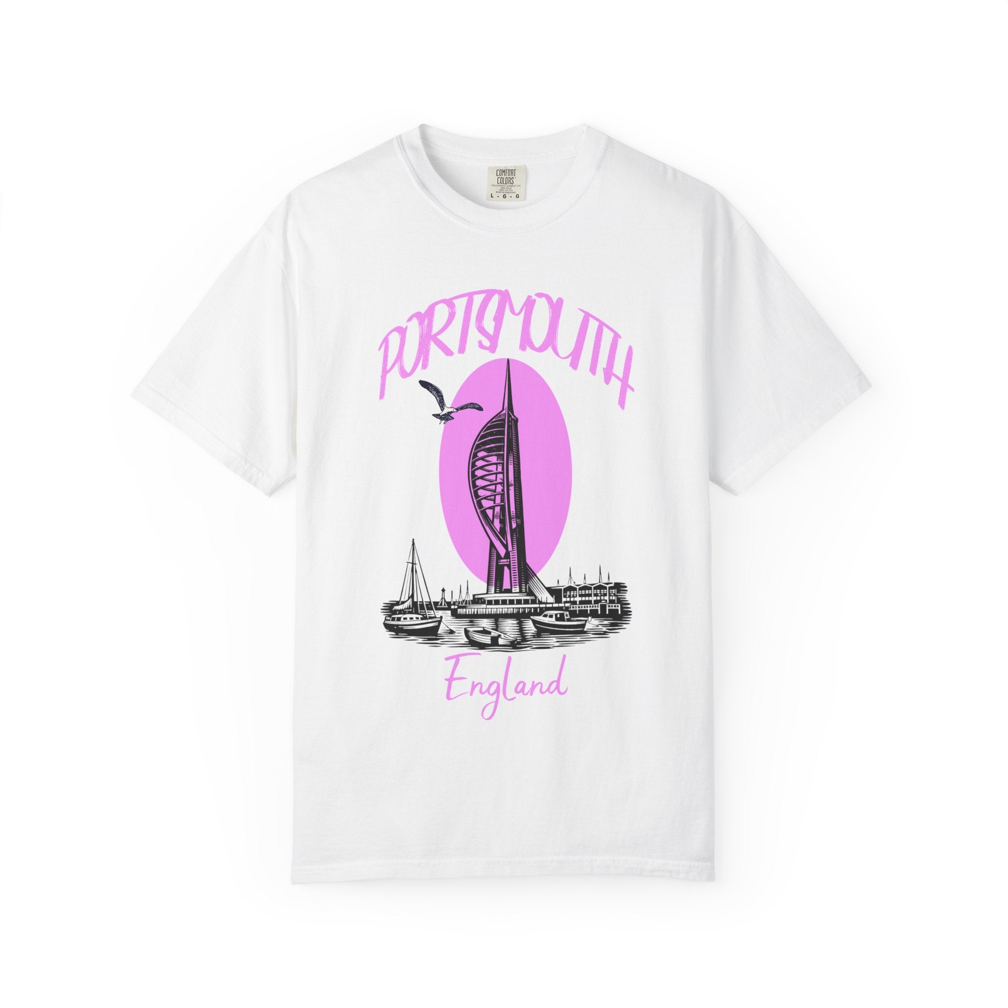 Portsmouth England Graphic T-Shirt - Vintage Seaside Landmark Pink Tee