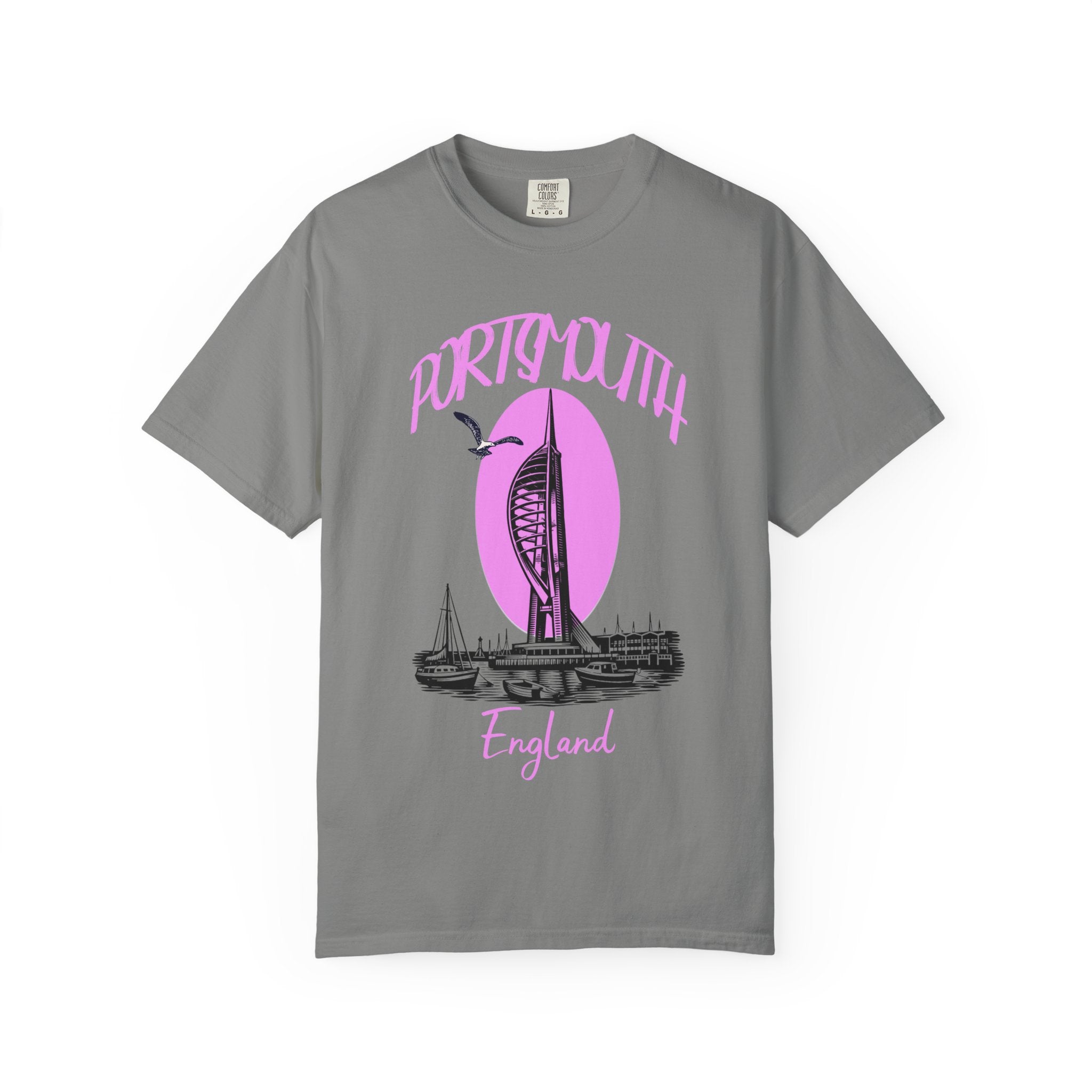 Portsmouth England Graphic T-Shirt - Vintage Seaside Landmark Pink Tee