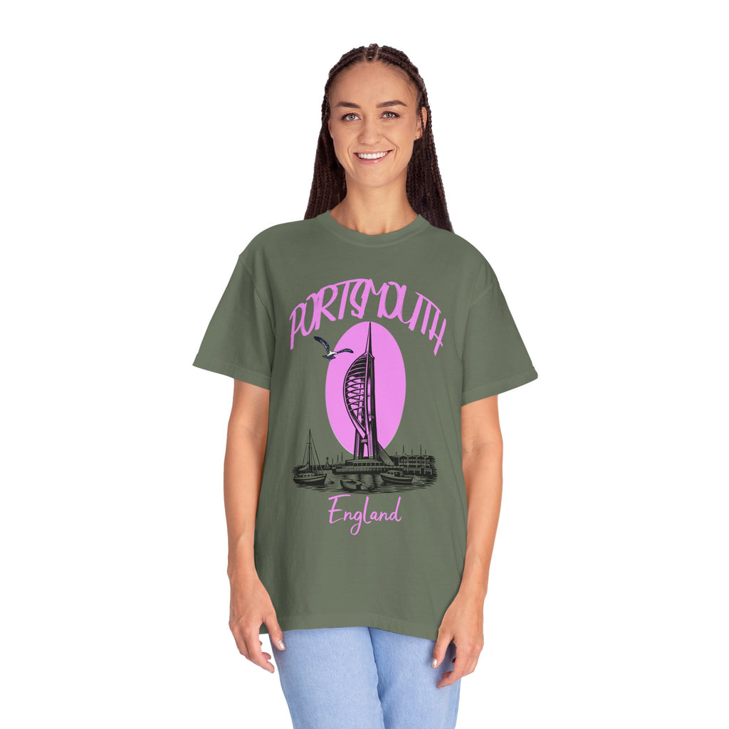 Portsmouth England Graphic T-Shirt - Vintage Seaside Landmark Pink Tee
