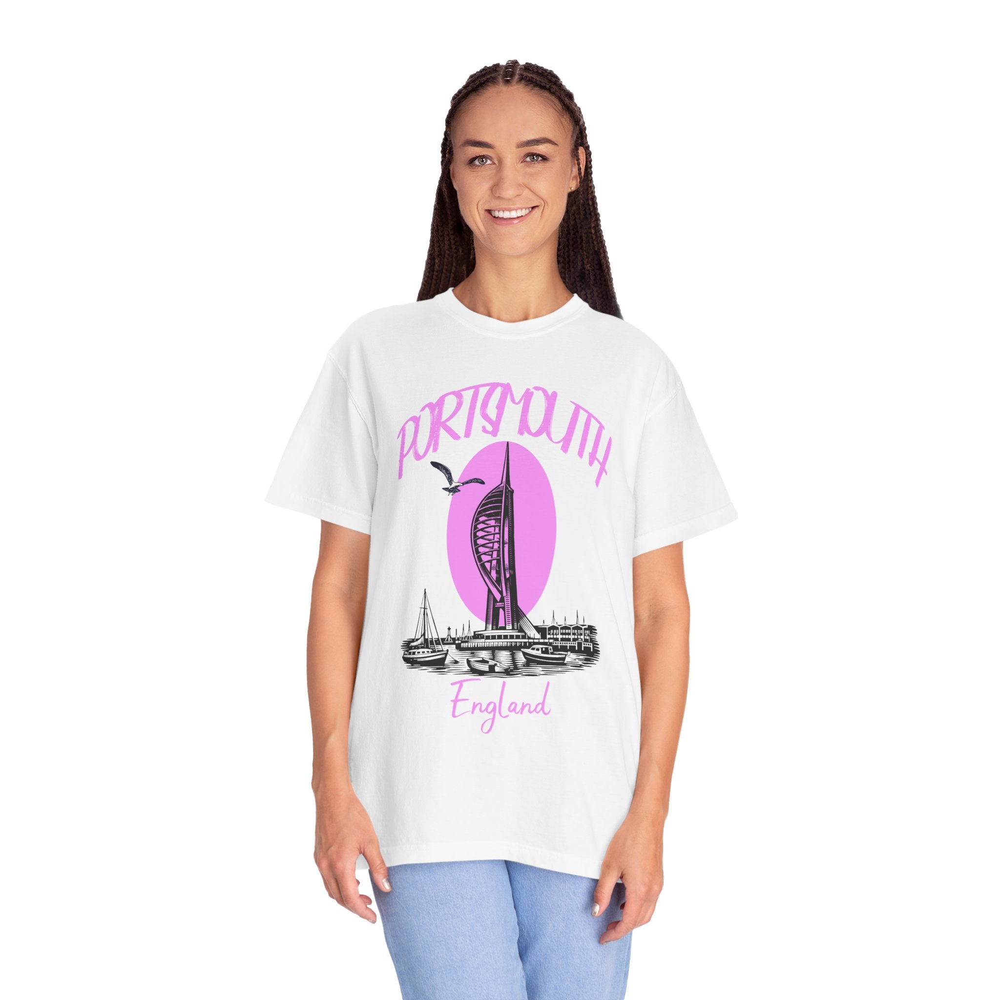 Portsmouth England Graphic T-Shirt - Vintage Seaside Landmark Pink Tee