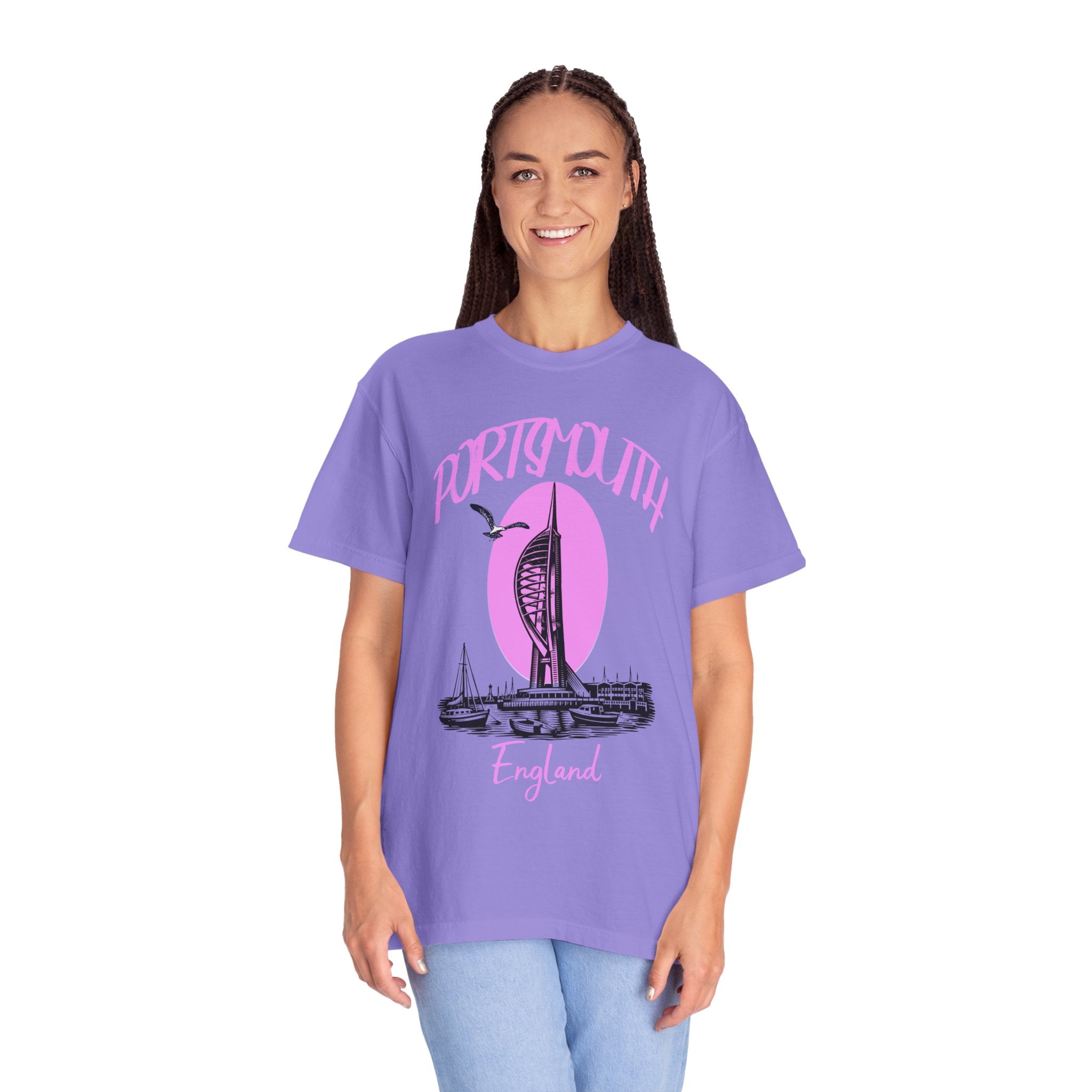 Portsmouth England Graphic T-Shirt - Vintage Seaside Landmark Pink Tee
