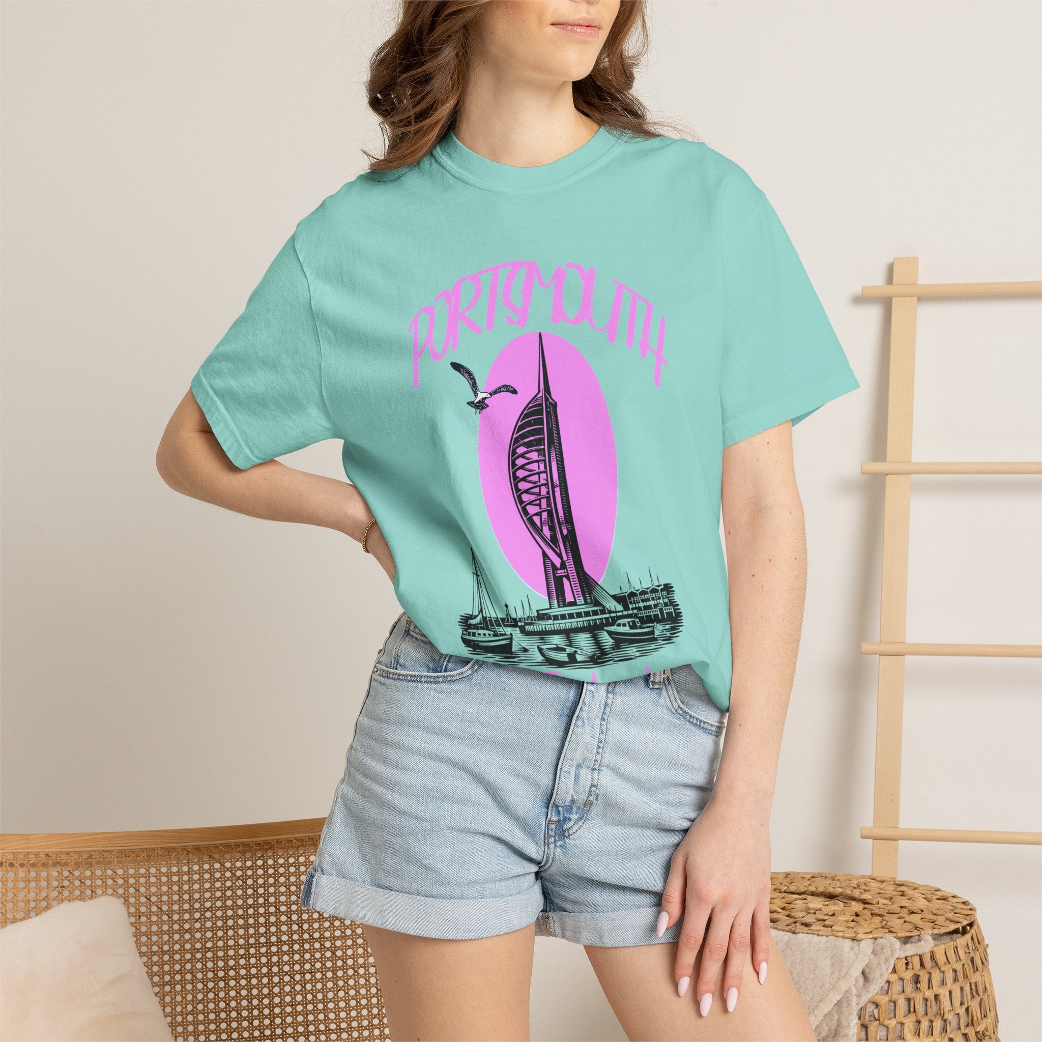 Portsmouth England Graphic T-Shirt - Vintage Seaside Landmark Pink Tee