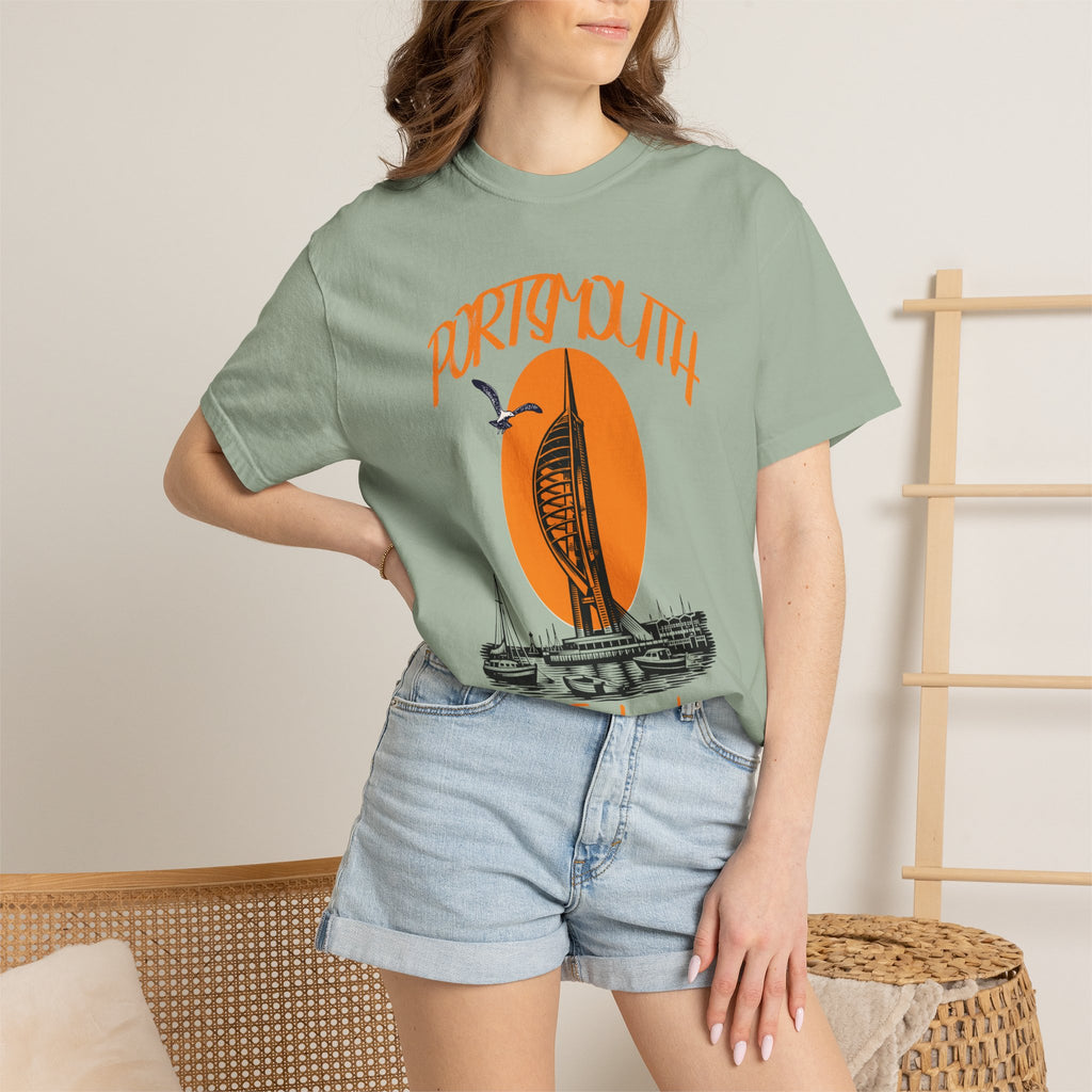 Portsmouth England Graphic T-Shirt - Vintage Seaside Landmark Orange Tee