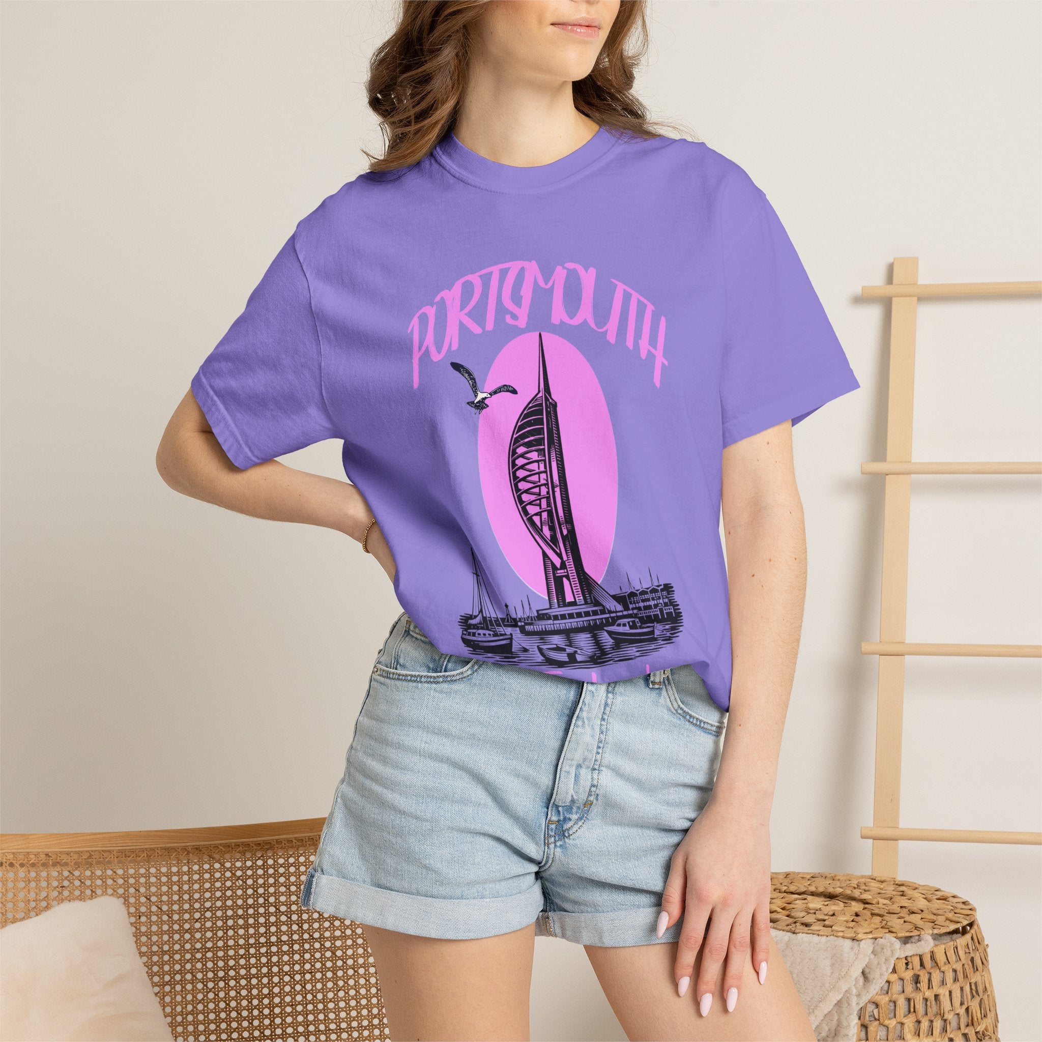 Portsmouth England Graphic T-Shirt - Vintage Seaside Landmark Pink Tee