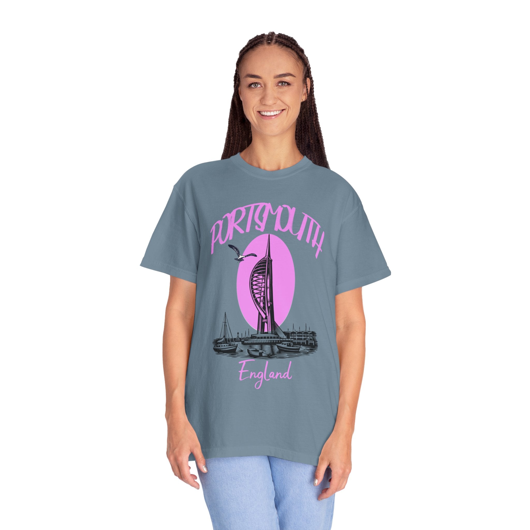 Portsmouth England Graphic T-Shirt - Vintage Seaside Landmark Pink Tee