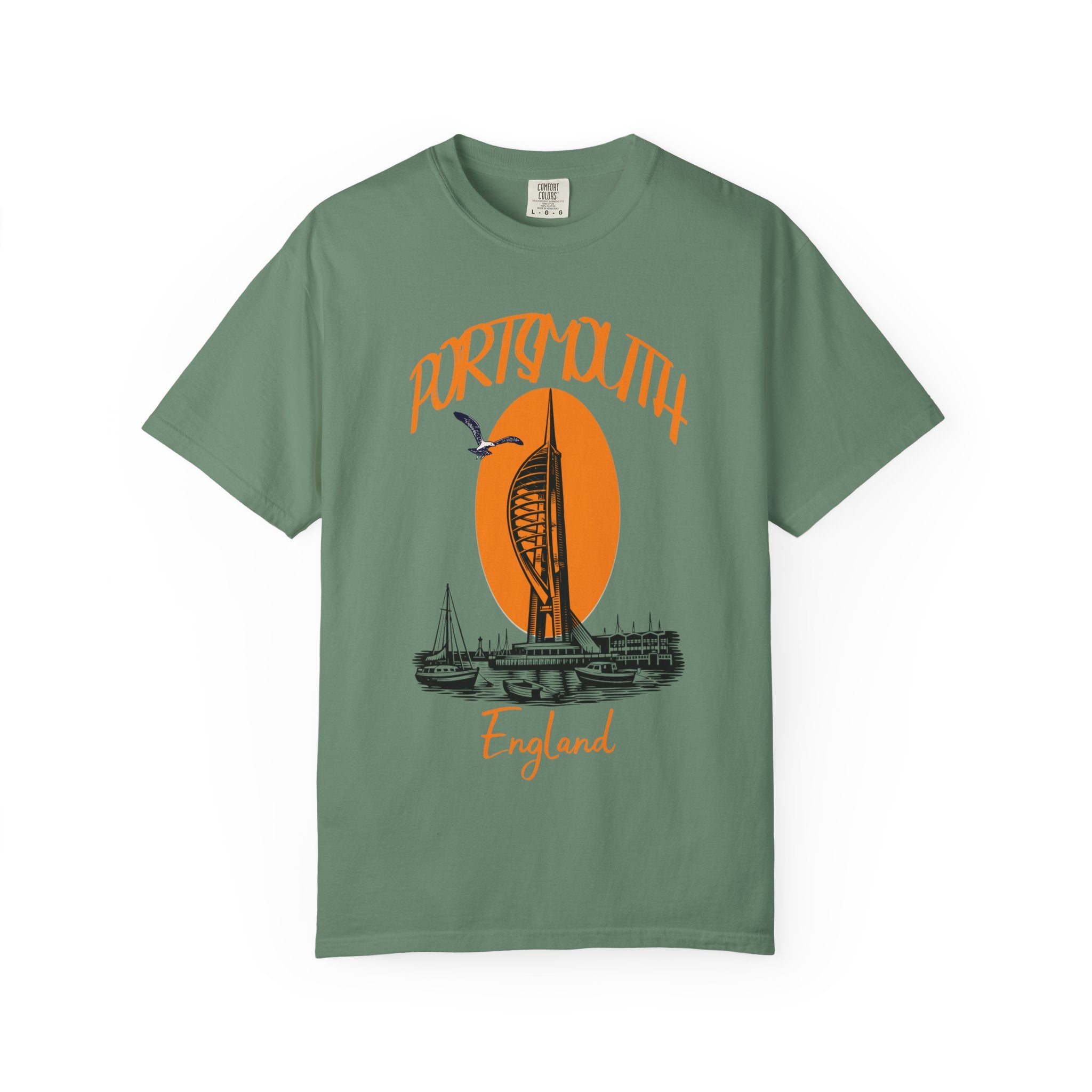 Portsmouth England Graphic T-Shirt - Vintage Seaside Landmark Orange Tee