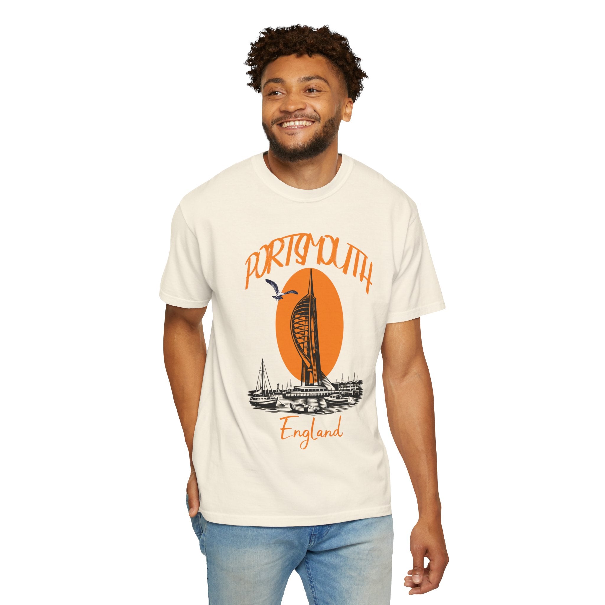 Portsmouth England Graphic T-Shirt - Vintage Seaside Landmark Orange Tee