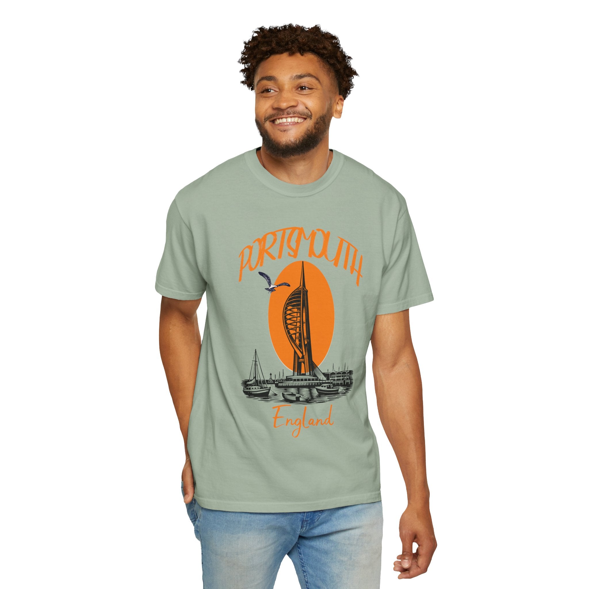 Portsmouth England Graphic T-Shirt - Vintage Seaside Landmark Orange Tee