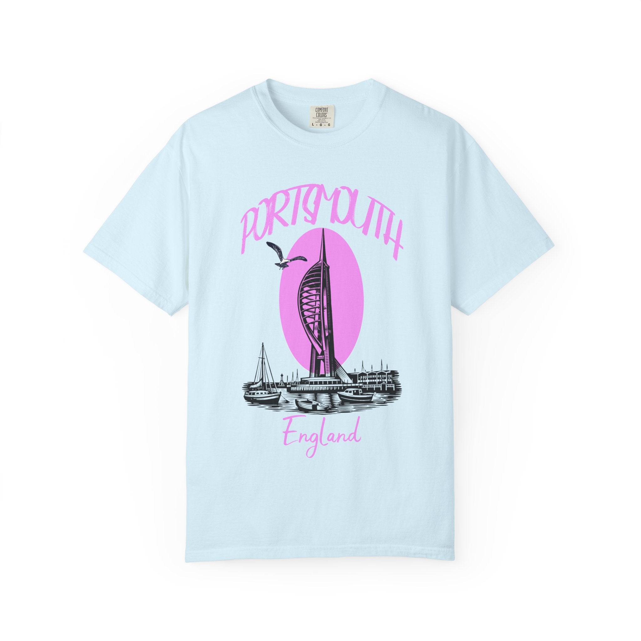 Portsmouth England Graphic T-Shirt - Vintage Seaside Landmark Pink Tee