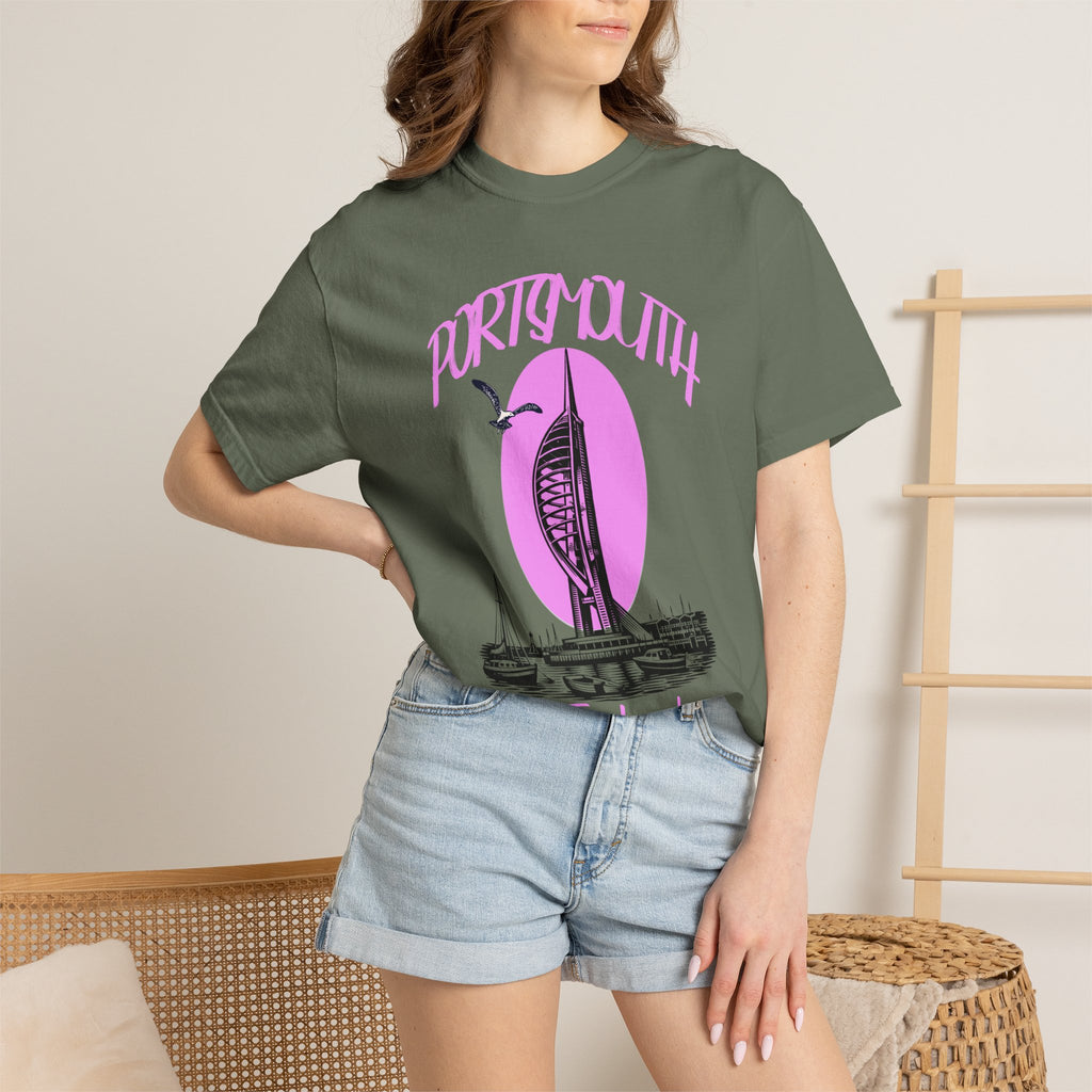 Portsmouth England Graphic T-Shirt - Vintage Seaside Landmark Pink Tee