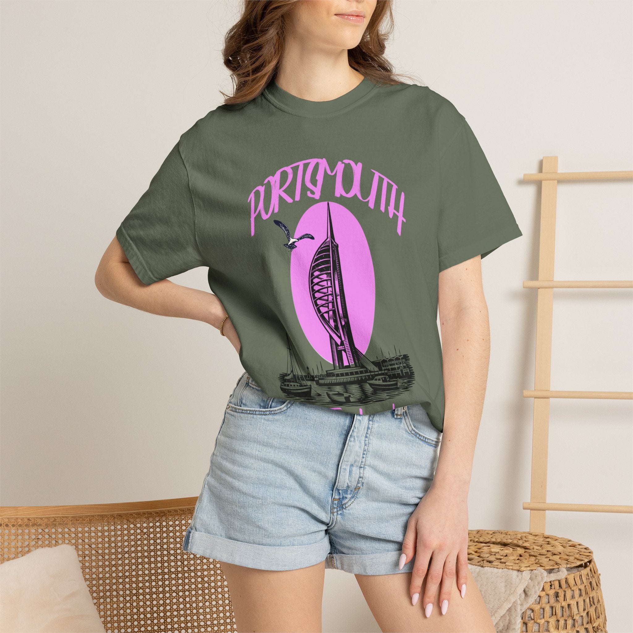 Portsmouth England Graphic T-Shirt - Vintage Seaside Landmark Pink Tee